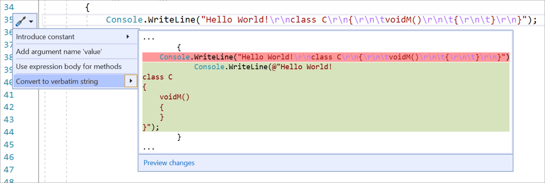 Captura de ecrã de Converter para string literal.