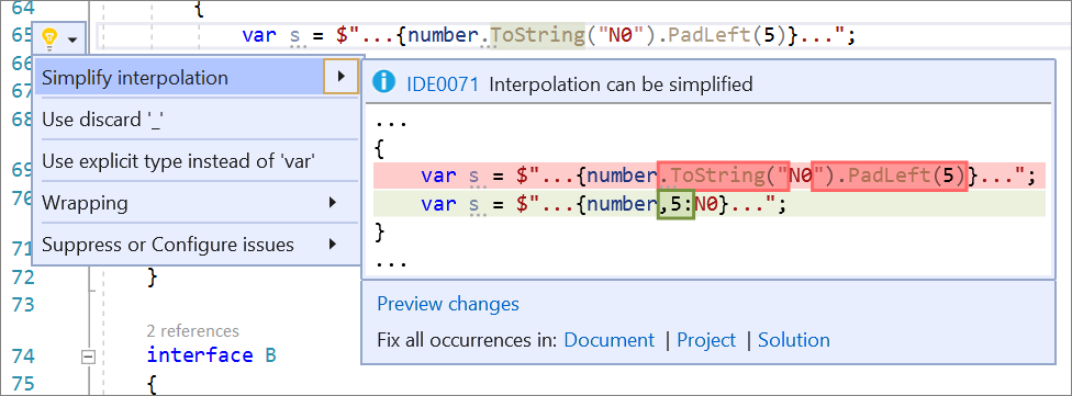 Captura de ecrã de Simplify string interpolation.