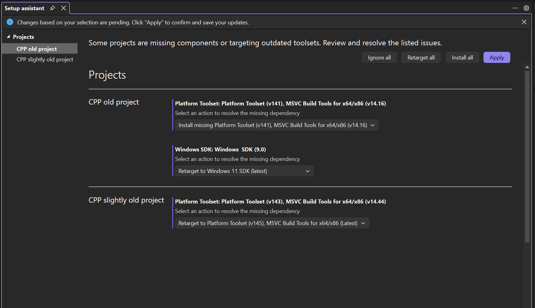 Captura de ecrã do Assistente de configuração C++.
