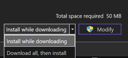 Captura de tela das opções de download e instalação no Visual Studio Installer.