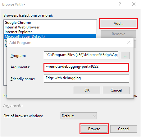 Captura de tela que mostra a criação de um navegador Edge com a depuração ativada.