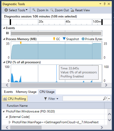 Captura de tela da janela Ferramentas de diagnóstico no depurador do Visual Studio, mostrando a linha do tempo de eventos e gráficos para uso de memória e CPU.