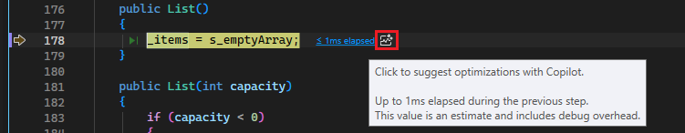 Captura de ecrã do PerfTip com sugestão de otimização do Copilot.