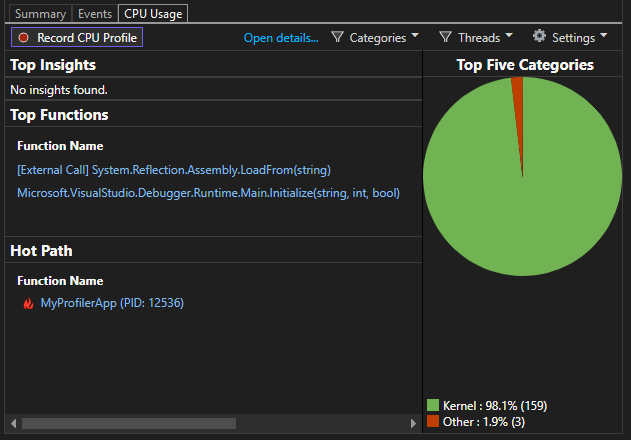 Captura de ecrã que mostra a guia Uso da CPU das Ferramentas de Diagnóstico.