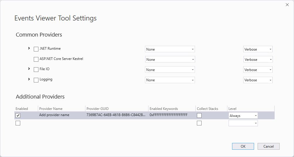 Configurações do Visualizador de Eventos Captura de tela das configurações do Visualizador de Eventos.