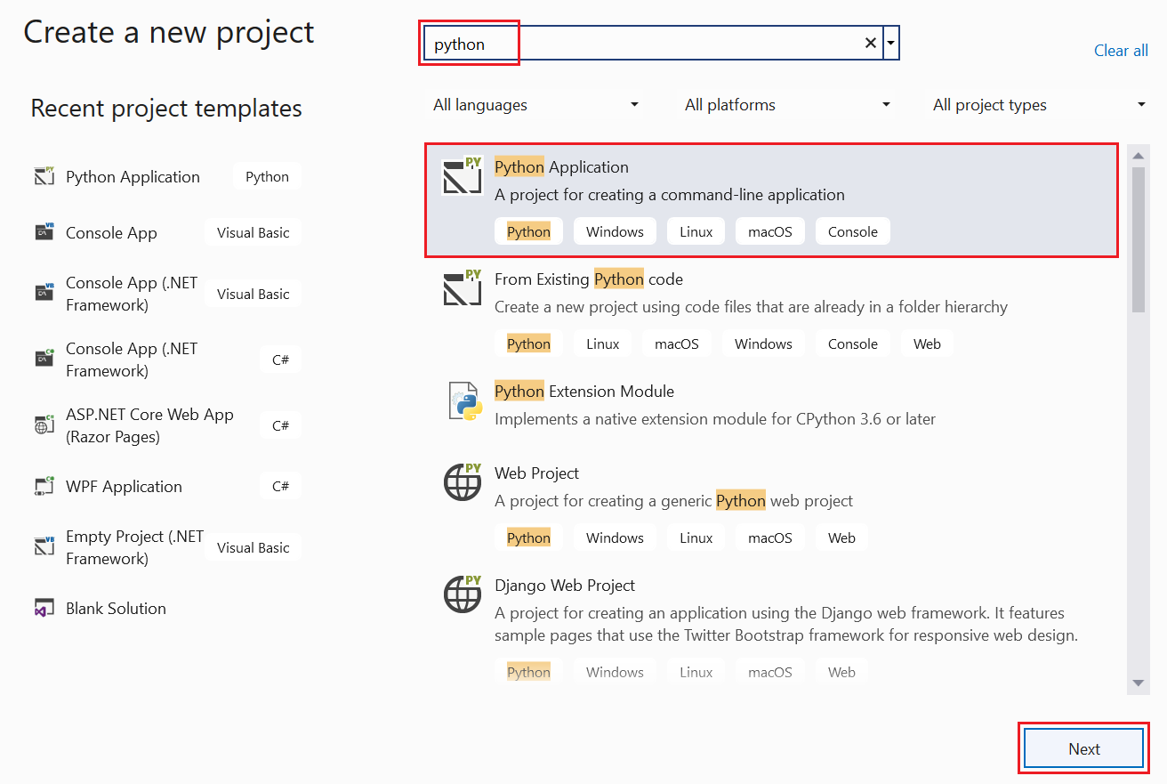 Captura de tela mostrando a caixa de diálogo do novo projeto com modelos Python disponíveis no Visual Studio.