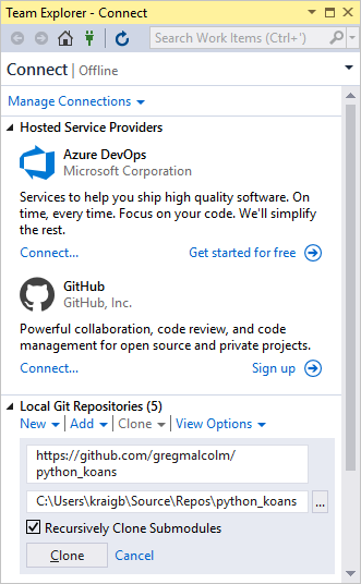 Captura de tela da página Conectar do Team Explorer mostrando provedores de serviços hospedados, incluindo o Azure DevOps, GitHub e Repositórios Git Locais.