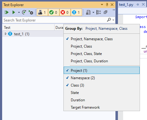 Captura de tela que mostra como organizar a exibição de testes no Gerenciador de Testes com a opção Agrupar por.