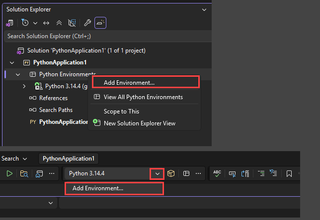 Captura de ecrã que mostra as duas opções para aceder à funcionalidade Adicionar Ambientes em Visual Studio.