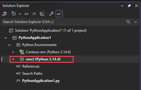 Captura de ecrã que mostra como Visual Studio mostra o nome do ambiente ativo em letra a negrito em Explorador de Soluções.