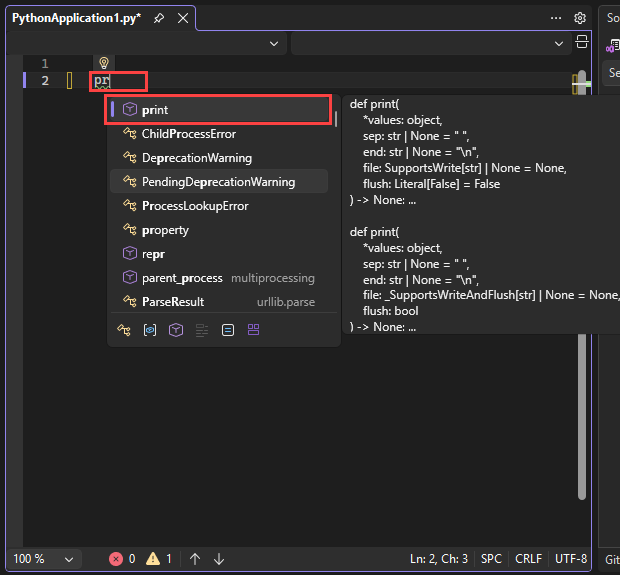Captura de tela que mostra as opções de preenchimento automático do IntelliSense no editor no Visual Studio. A opção de conclusão padrão é realçada.