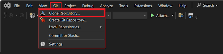Captura de tela que mostra como selecionar a opção de repositório Git Clone no Visual Studio 2022.