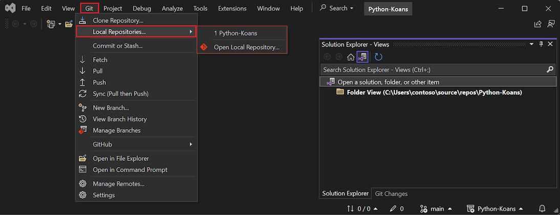 Captura de tela que mostra como ver a lista de repositórios locais GitHub disponíveis no Visual Studio 2022.