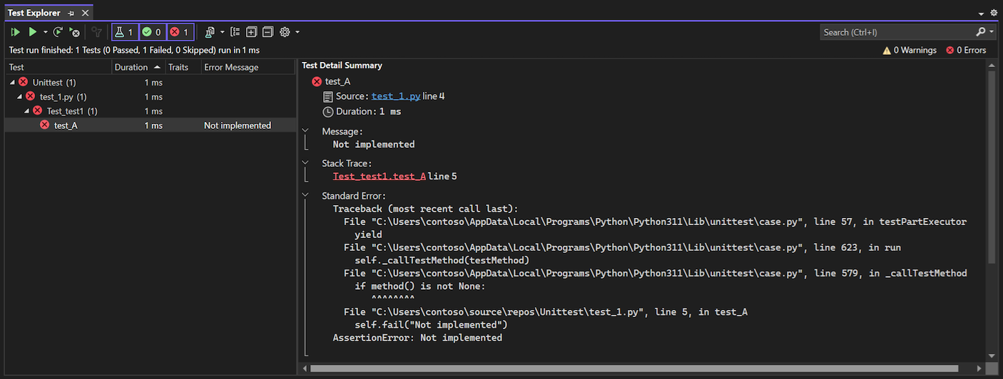 Captura de tela que mostra os detalhes do status e do motivo para um teste com falha no Gerenciador de Testes no Visual Studio 2022.