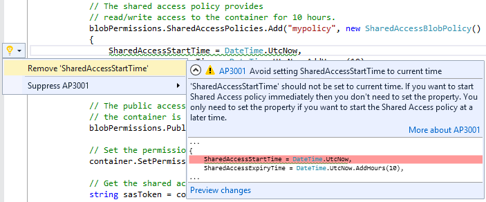 Um exemplo do pacote Análise de Código para Azure