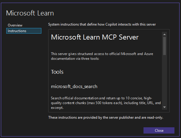 Janela de instruções para servidores MCP no Visual Studio