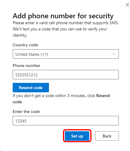 Captura de tela da caixa de diálogo de entrada do número de telefone. O botão Configurar está realçado. Código de confirmação da área restrita do Desenvolvedor do Microsoft 365