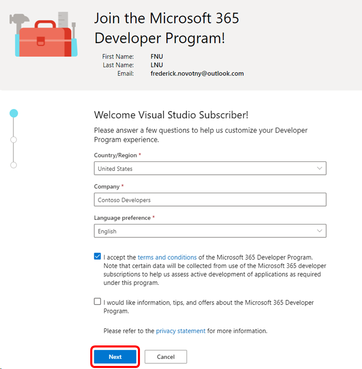 Captura de tela da caixa de diálogo de criação da conta. O botão Avançar está realçado. Tela de boas-vindas do Desenvolvedor do Microsoft 365