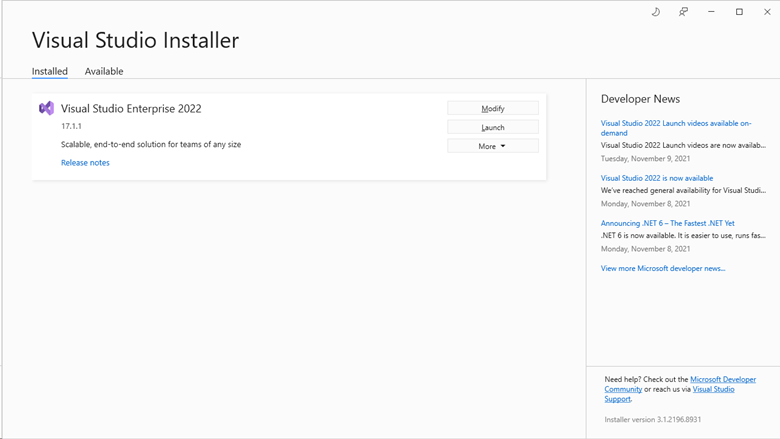 Captura de tela do painel Instalador do Visual Studio, listando a versão ou as versões instaladas.