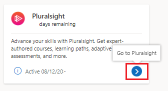 Captura de tela que mostra o bloco de benefícios do Pluralsight na assinatura do Visual Studio após a ativação.