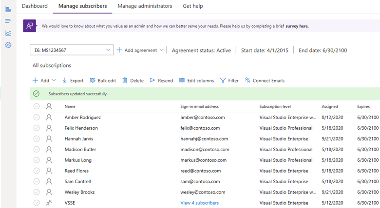 Mensagem de confirmação se o carregamento de vários subscritores for bem-sucedido