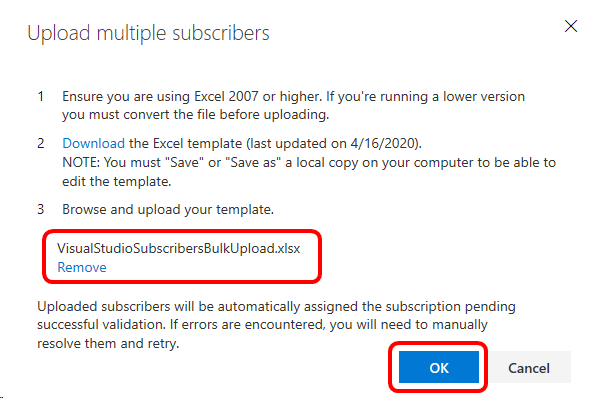 Carregue o modelo do Excel para carregar vários subscritores