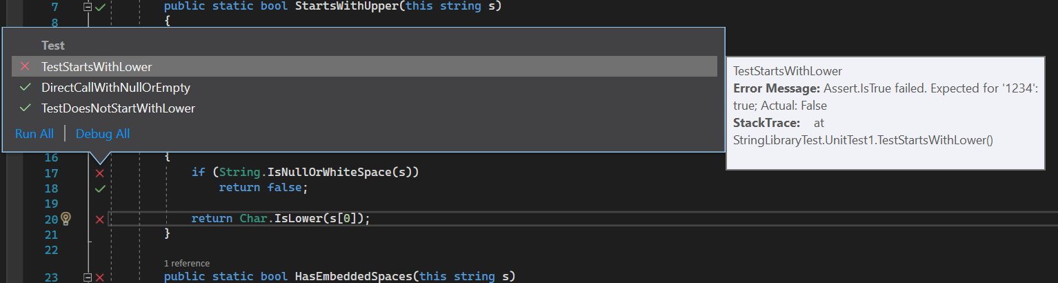 Captura de ecrã que mostra a informação de teste falhado na tooltip do Visual Studio.