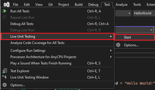 Iniciar testes unitários ao vivo em Visual Studio de 2022