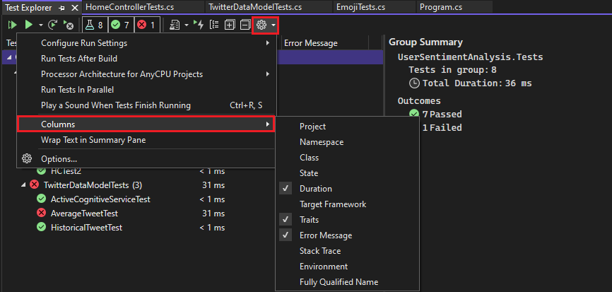 Captura de ecrã Visual Studio Explorador de Testes que mostra um menu com Colunas selecionadas e um submenu com Duração selecionada, Características e Mensagem de Erro selecionadas.