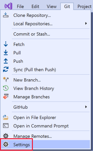 O menu do Git com um texto explicativo para o comando Configurações.