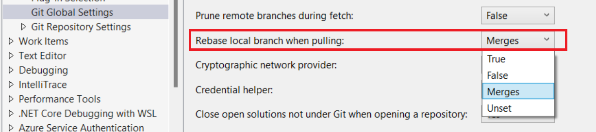 Captura de tela que mostra 'Trocar base de branch local ao efetuar pull' realçado e 'Mesclagens' selecionado na lista suspensa.
