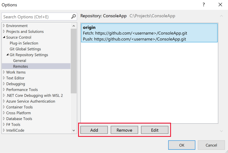 Captura de tela mostrando o painel Remotos do Git na caixa de diálogo Opções.