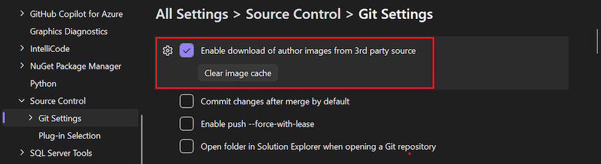 Captura de ecrã da opção 'Ativar download de imagens do autor a partir de fontes de terceiros' no painel de Opções.