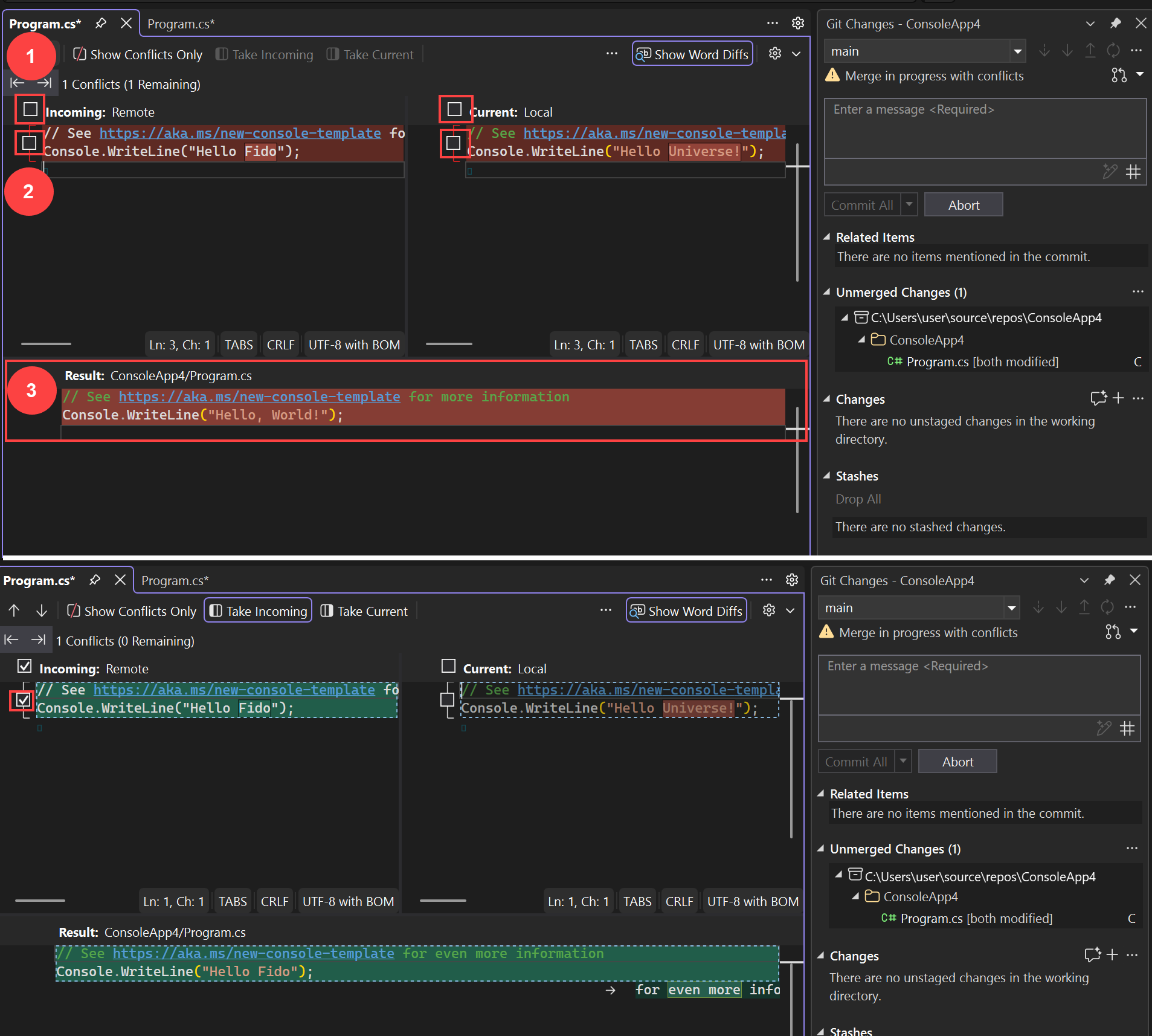 Captura de ecrã que mostra como resolver um conflito de fusão no Visual Studio.