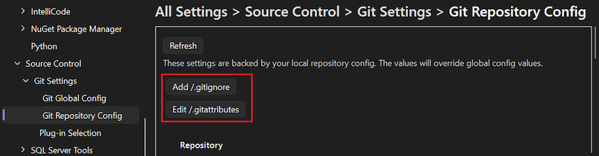 Captura de ecrã que mostra a secção para Adicionar o ficheiro gitignore e Editar o ficheiro gitattributes no teu repositório.