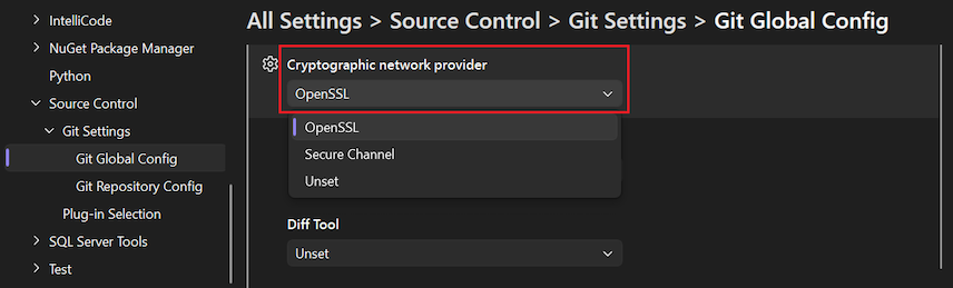 Captura de ecrã que mostra a opção 'Fornecedor de rede criptográfica' com 'OpenSSL' selecionada na lista suspensa.
