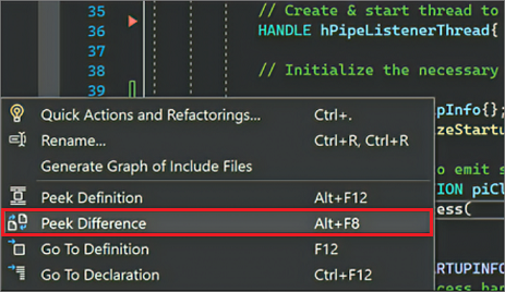 Captura de tela do menu de contexto do clique com o botão direito do mouse no Visual Studio, no qual você pode selecionar Espiar Diferença.