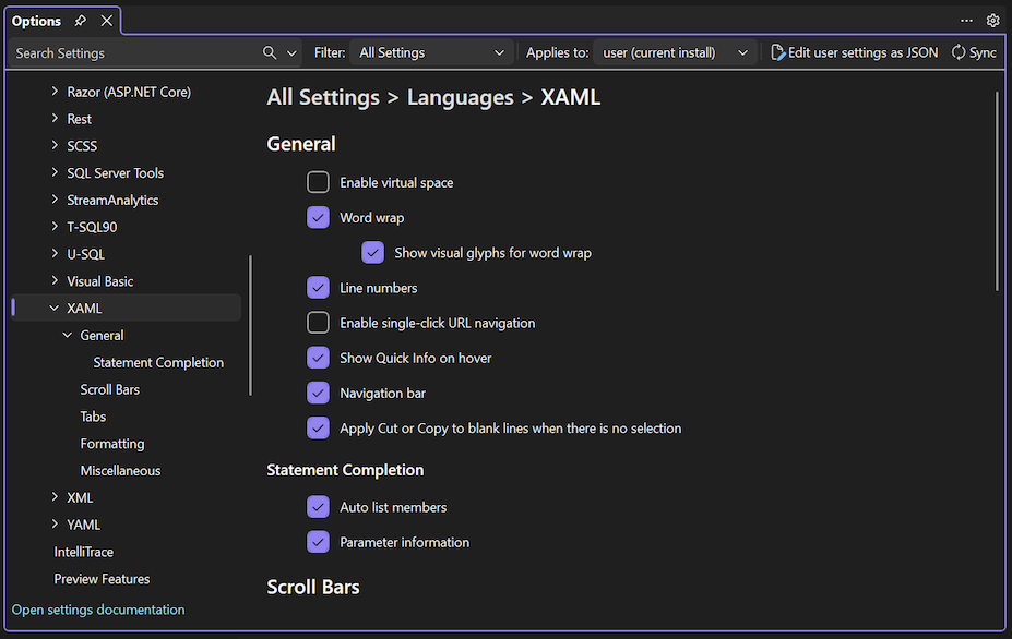 Captura de ecrã da lista de Opções para a linguagem XAML.