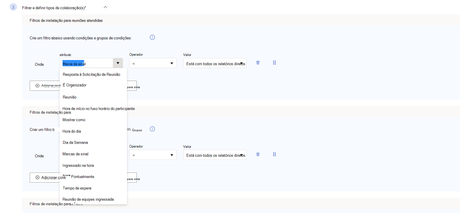 Captura de tela que mostra vários filtros no editor de métricas, com um menu suspenso para atributos expandido.