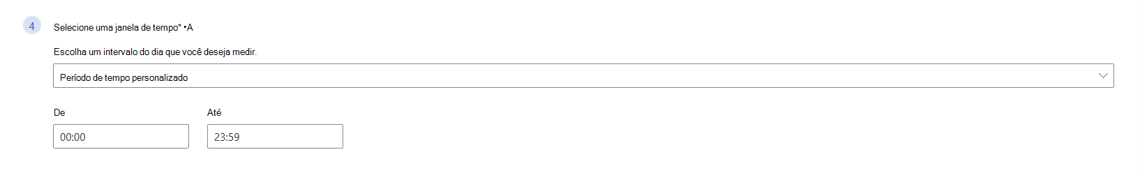 Captura de tela que mostra a quarta etapa do editor de métrica, a janela de tempo, com o período de tempo personalizado selecionado e as caixas de entrada De e Para abaixo.