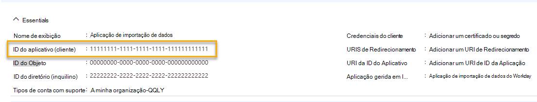 Captura de tela que mostra a ID do cliente do aplicativo.