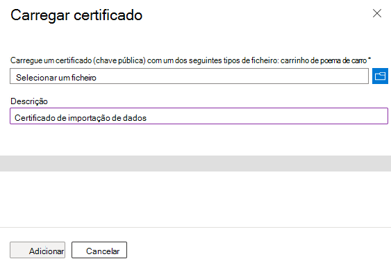 Captura de tela que mostra como carregar um certificado e adicionar uma descrição para ele.