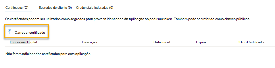 Captura de tela que mostra como carregar um certificado.