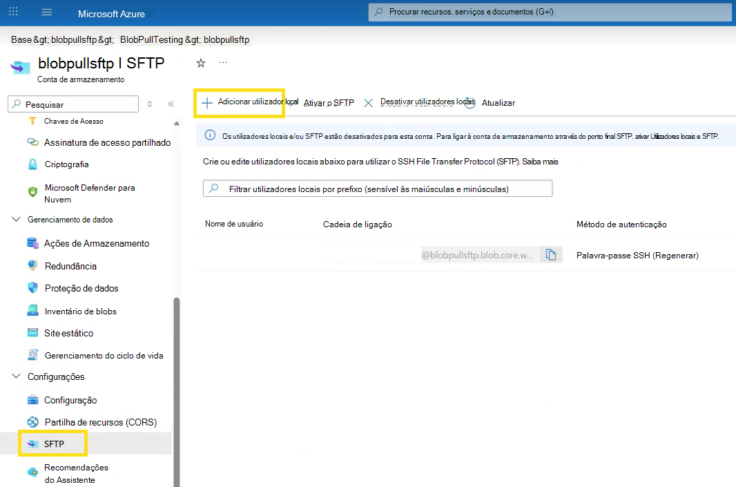 Uma captura de tela mostra como adicionar um usuário local no portal do Azure.