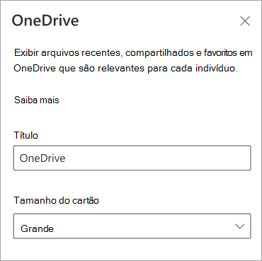 Captura de ecrã a mostrar as opções de tamanho do cartão no painel de propriedades do cartão do OneDrive.