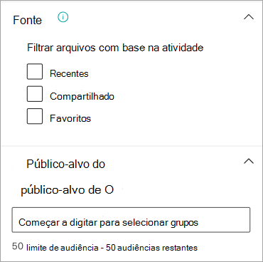 Captura de ecrã a mostrar as opções de origem de ficheiros e de filtragem de audiências no painel de propriedades do cartão do OneDrive.