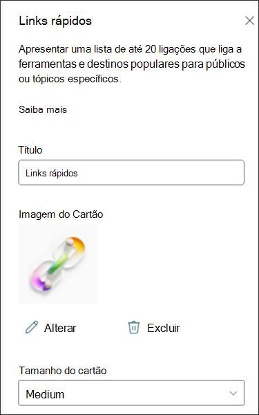 Captura de ecrã do painel Propriedades das ligações rápidas a mostrar as opções de personalização de cartões.