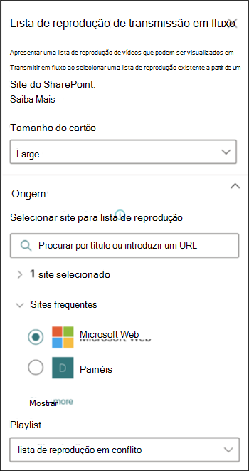 Captura de ecrã do painel de propriedades da lista de reprodução do Stream a mostrar as opções para selecionar uma origem no SharePoint