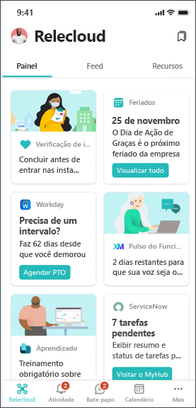 Imagem do Viva Connections dashboard projetado para trabalhadores de linha de frente.