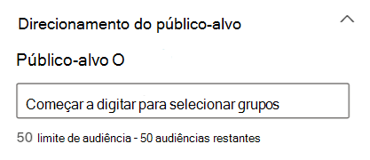 Captura de ecrã da secção de segmentação de audiências no painel de propriedades do cartão Eventos.